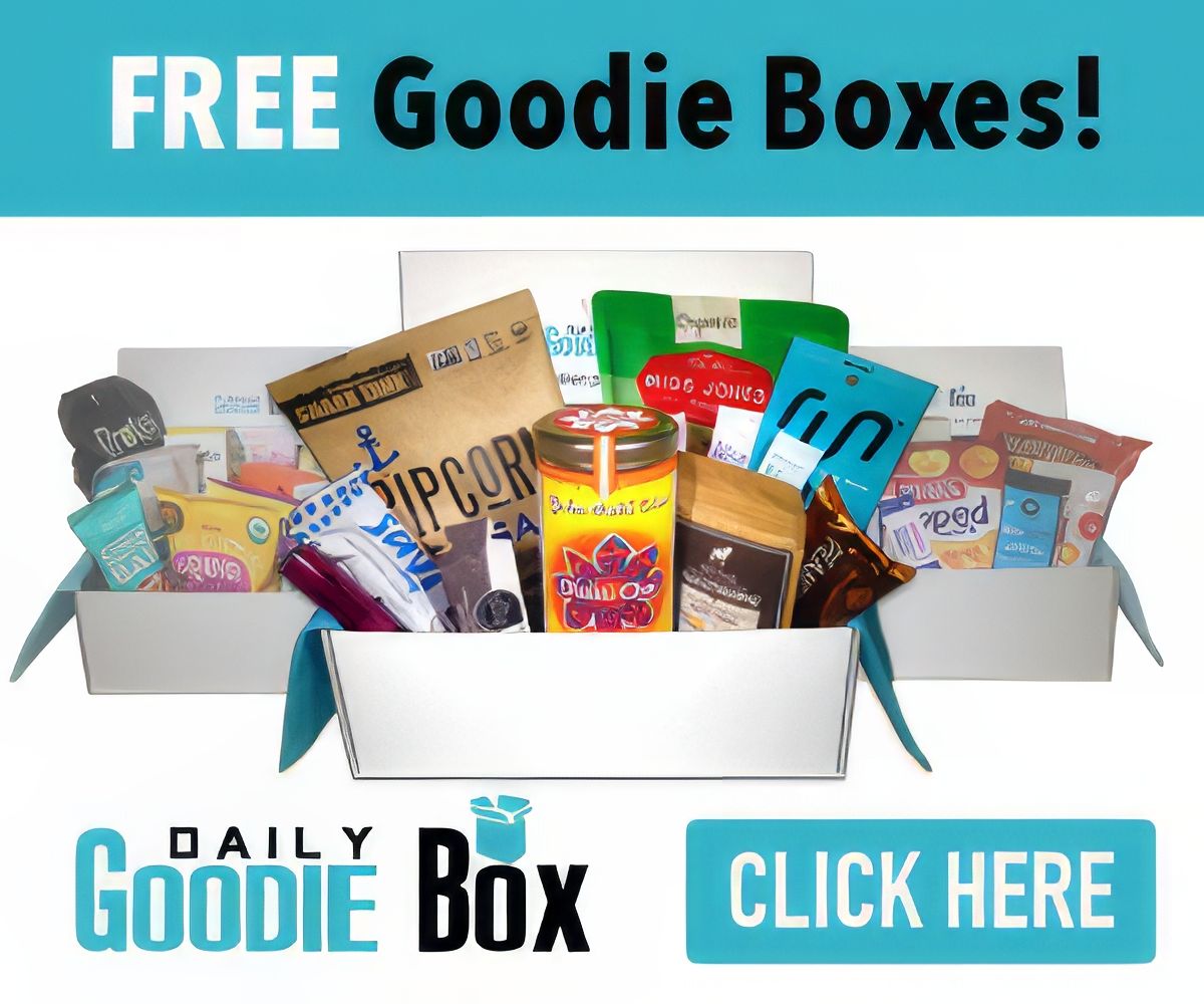 A box filled with snacks and a button that says free goodie boxes.