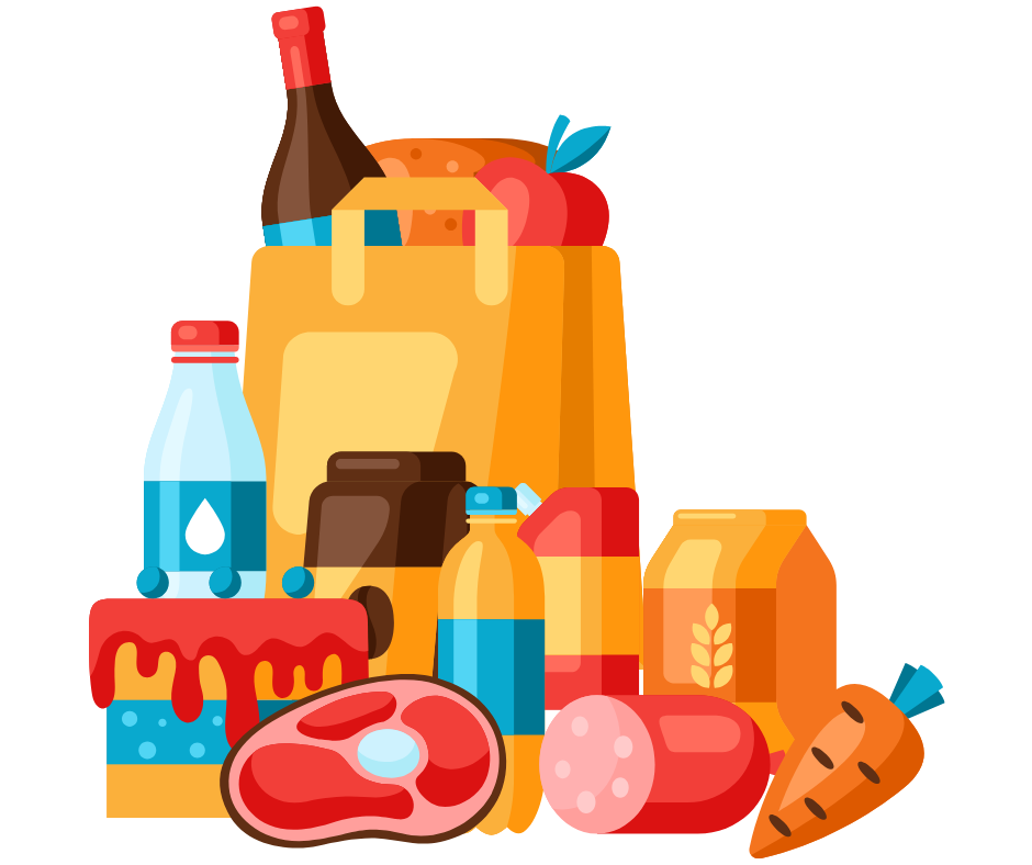 A cartoon illustration of a bag filled with groceries.