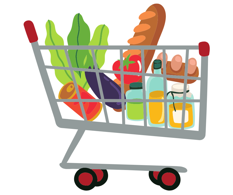 A shopping cart filled with vegetables and bread