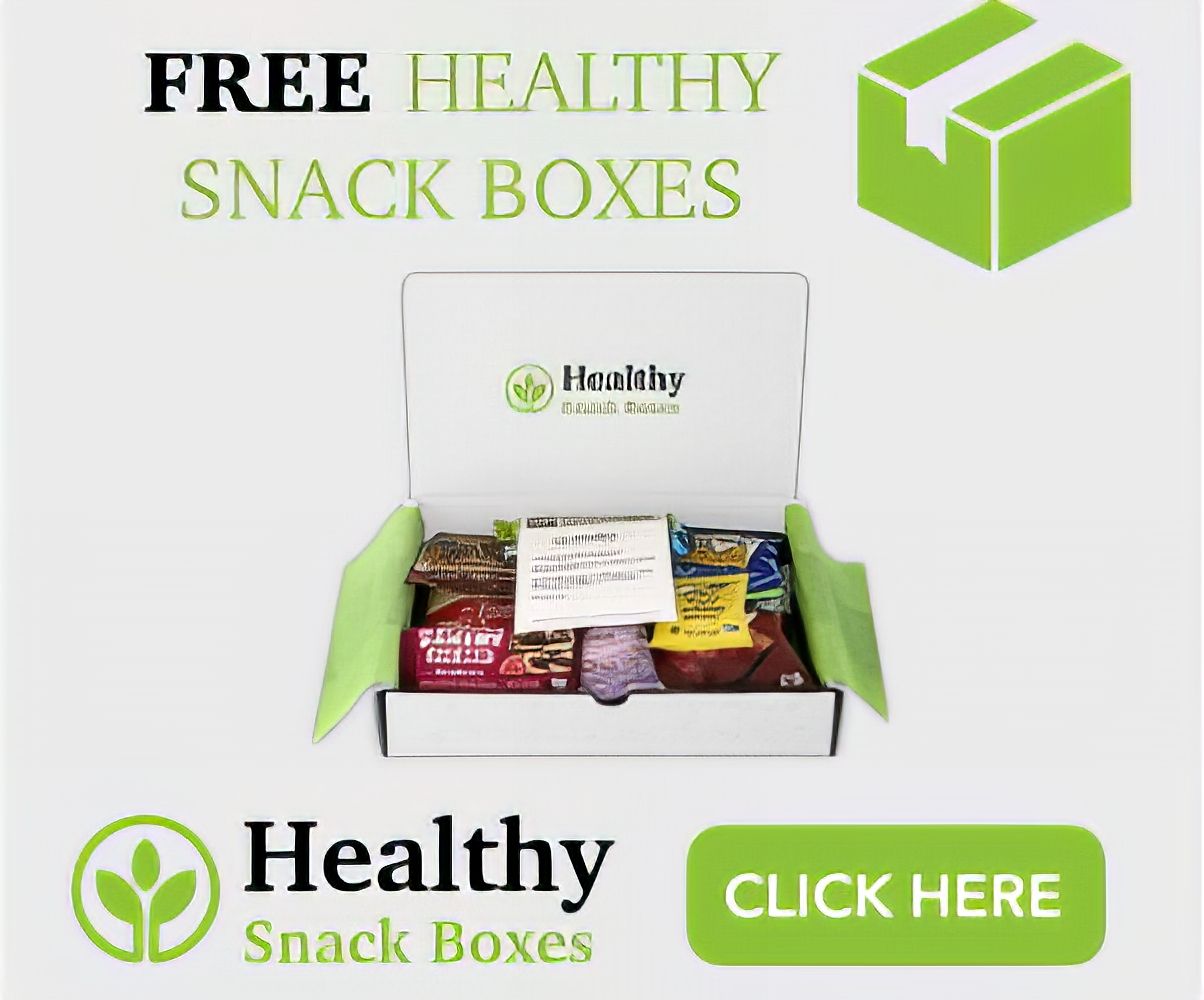 An advertisement for free healthy snack boxes click here