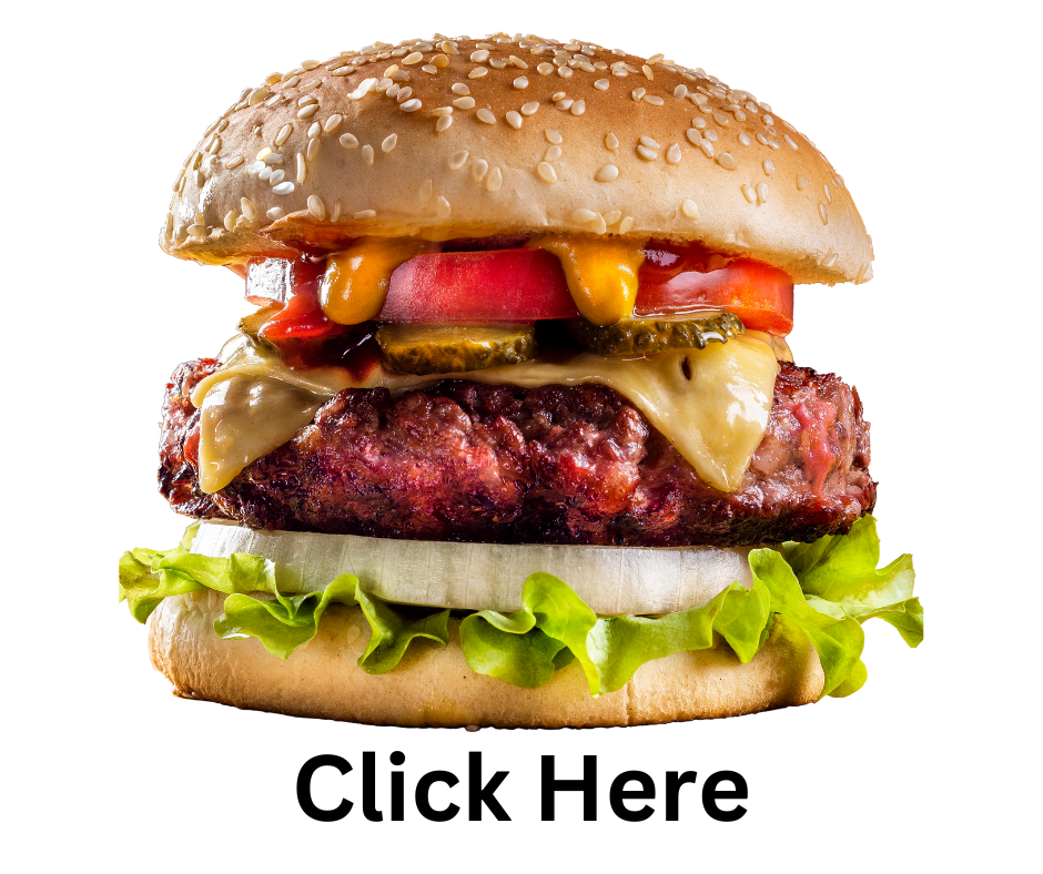 A close up of a hamburger with the words click here below it