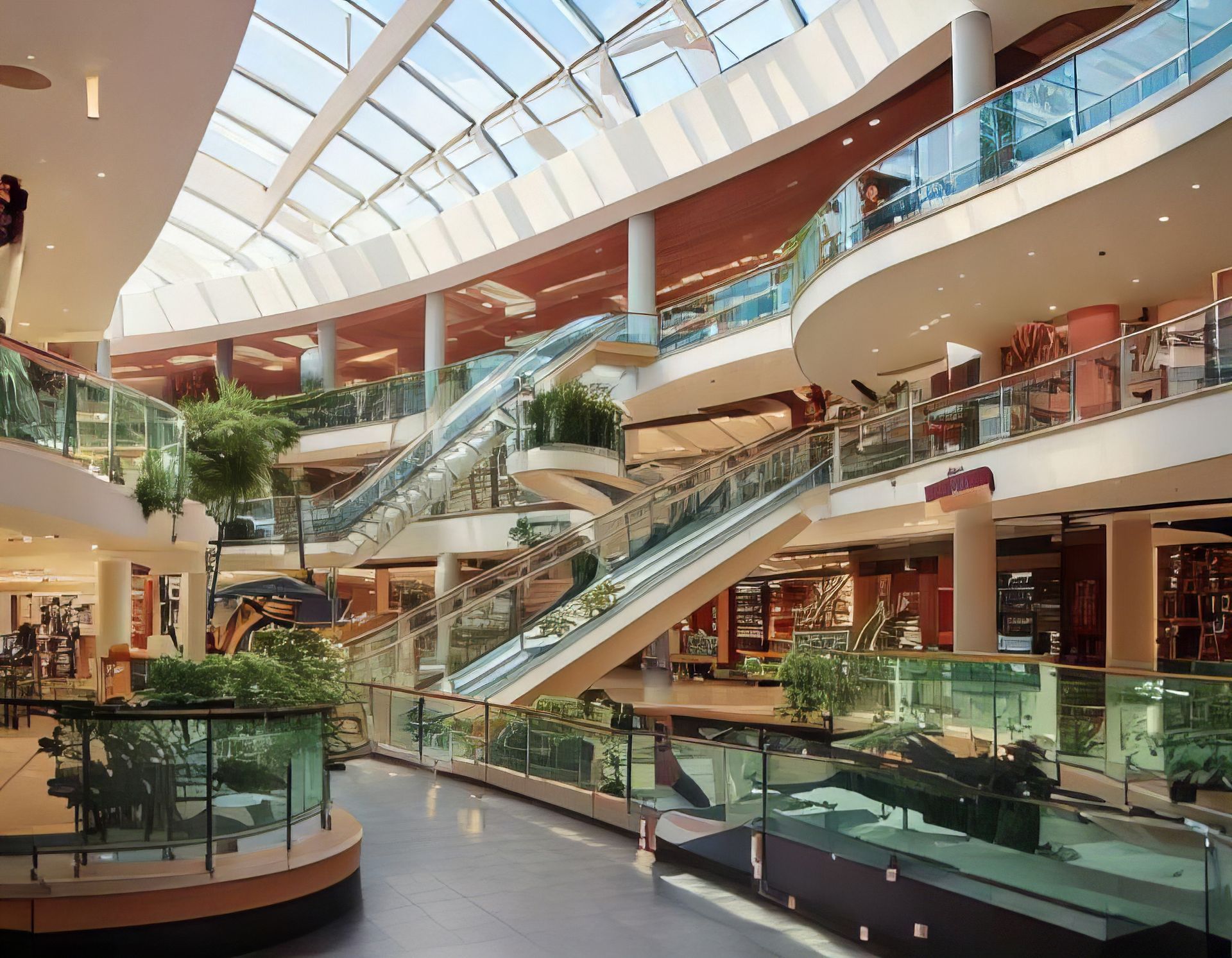 A large shopping mall with a glass roof