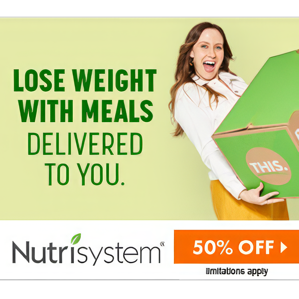 Nutri system banner a woman holding a box that says lose weight with meals delivered to you
