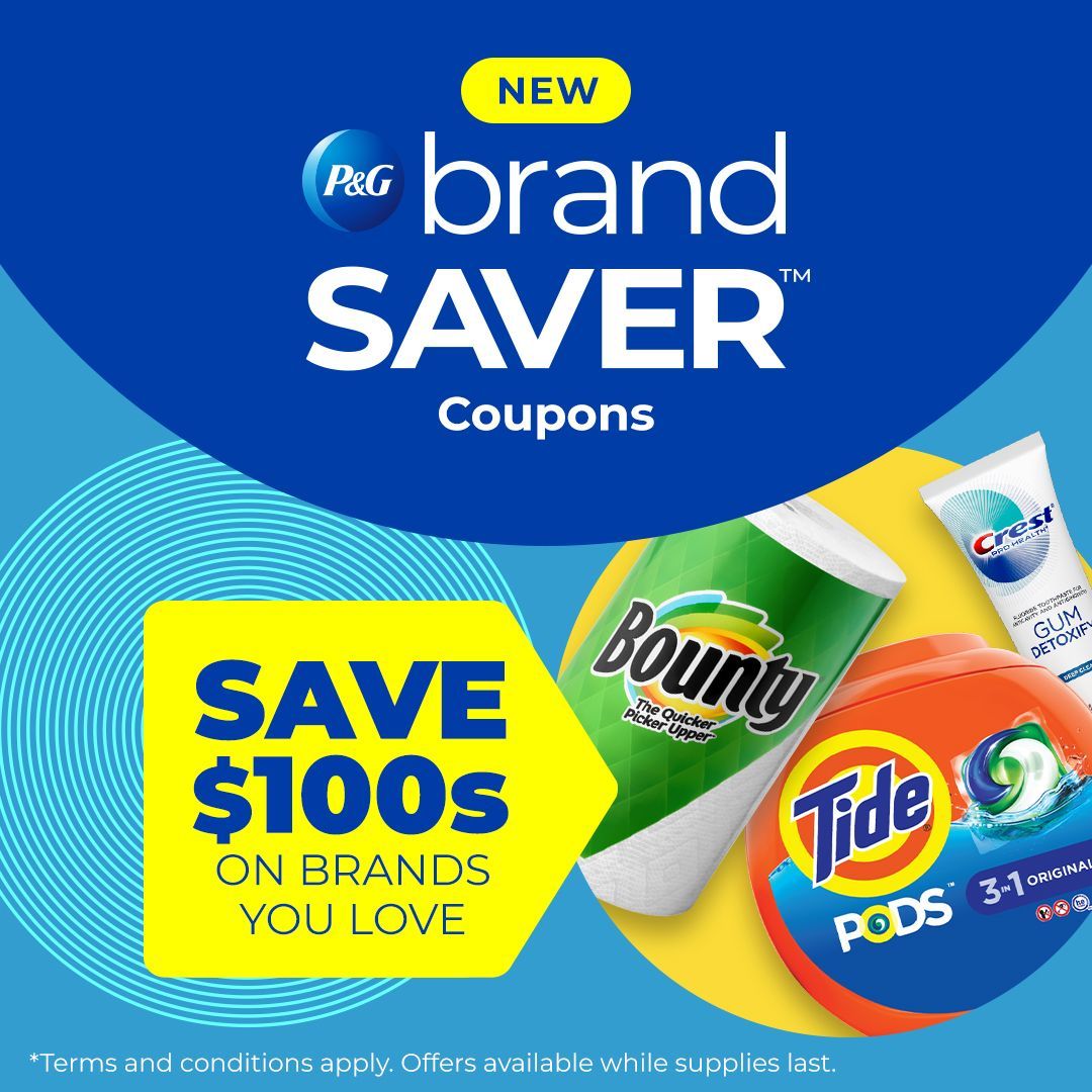 An advertisement for coupons for tide bounty and crest