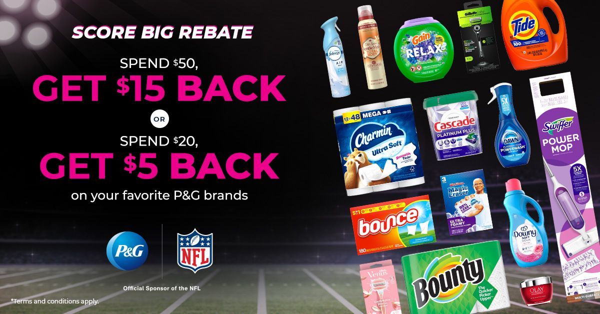 A score big rebate P&G advertisement with a football field in the background