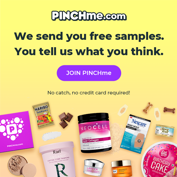 Advertisement for PinchMe: offers free product samples. Text on yellow background with product images.