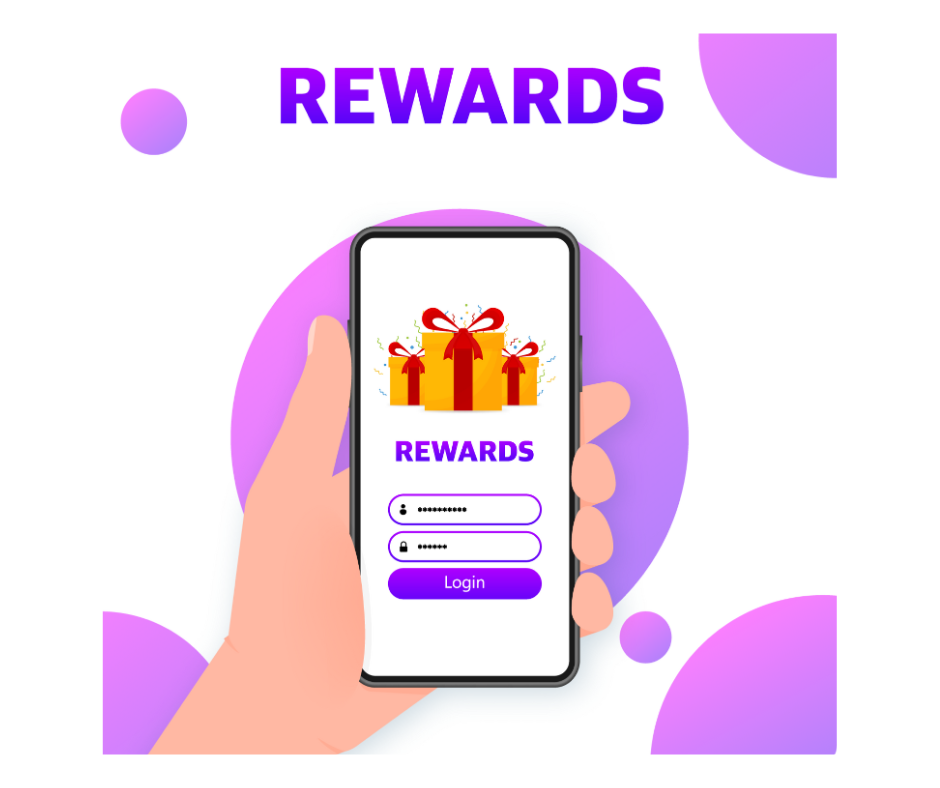 A hand is holding a cell phone with a rewards app on the screen featuring online rewards 4000 retailers