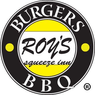 The logo for roy 's burgers squeeze inn