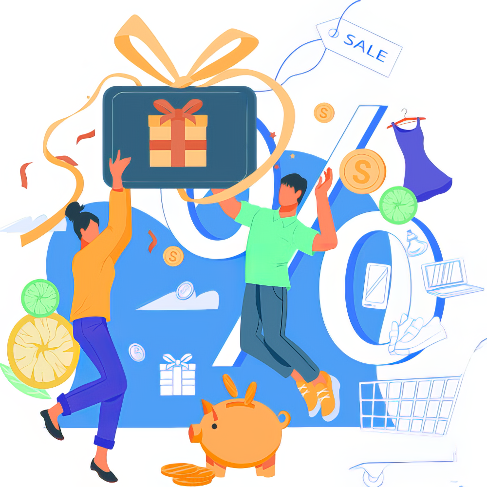A man and a woman are jumping in the air while holding a gift box and a piggy bank.