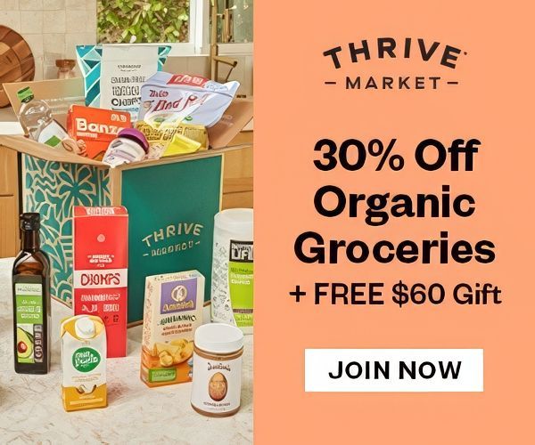 Thrive Market ad: Box of organic groceries, 30% off and $60 gift. Orange background,