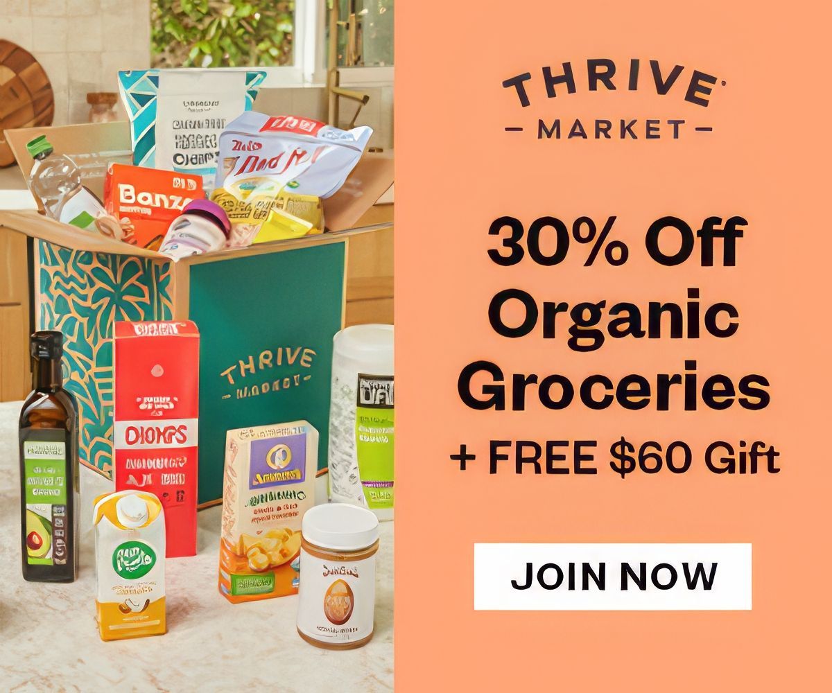 An advertisement for thrive market that says 30 % off organic groceries