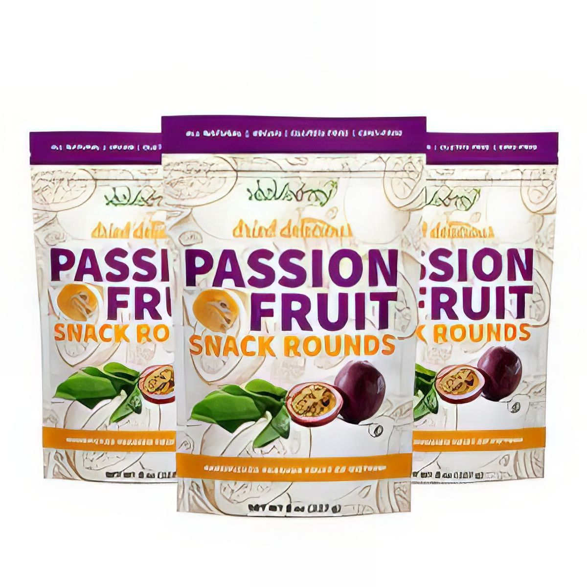 Three bags of passion fruit snack rounds on a white background