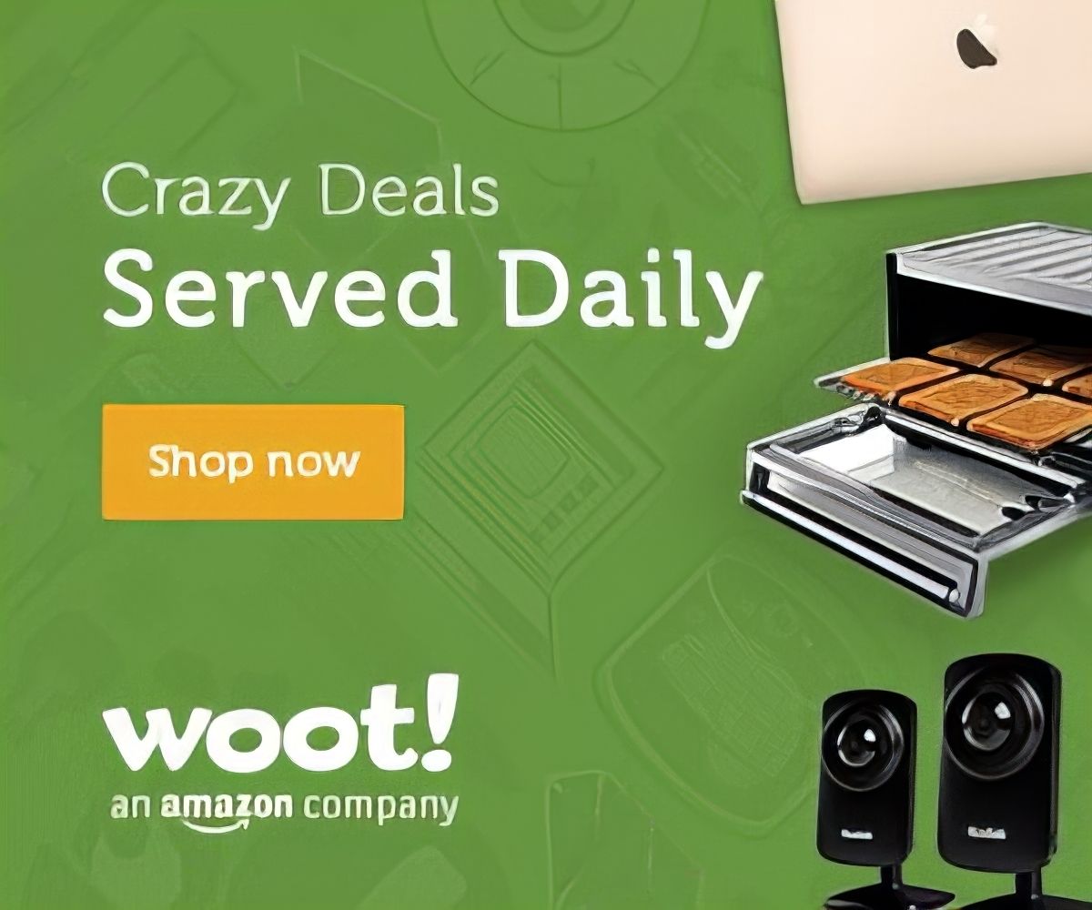 An advertisement for woot an amazon company that says crazy deals served daily