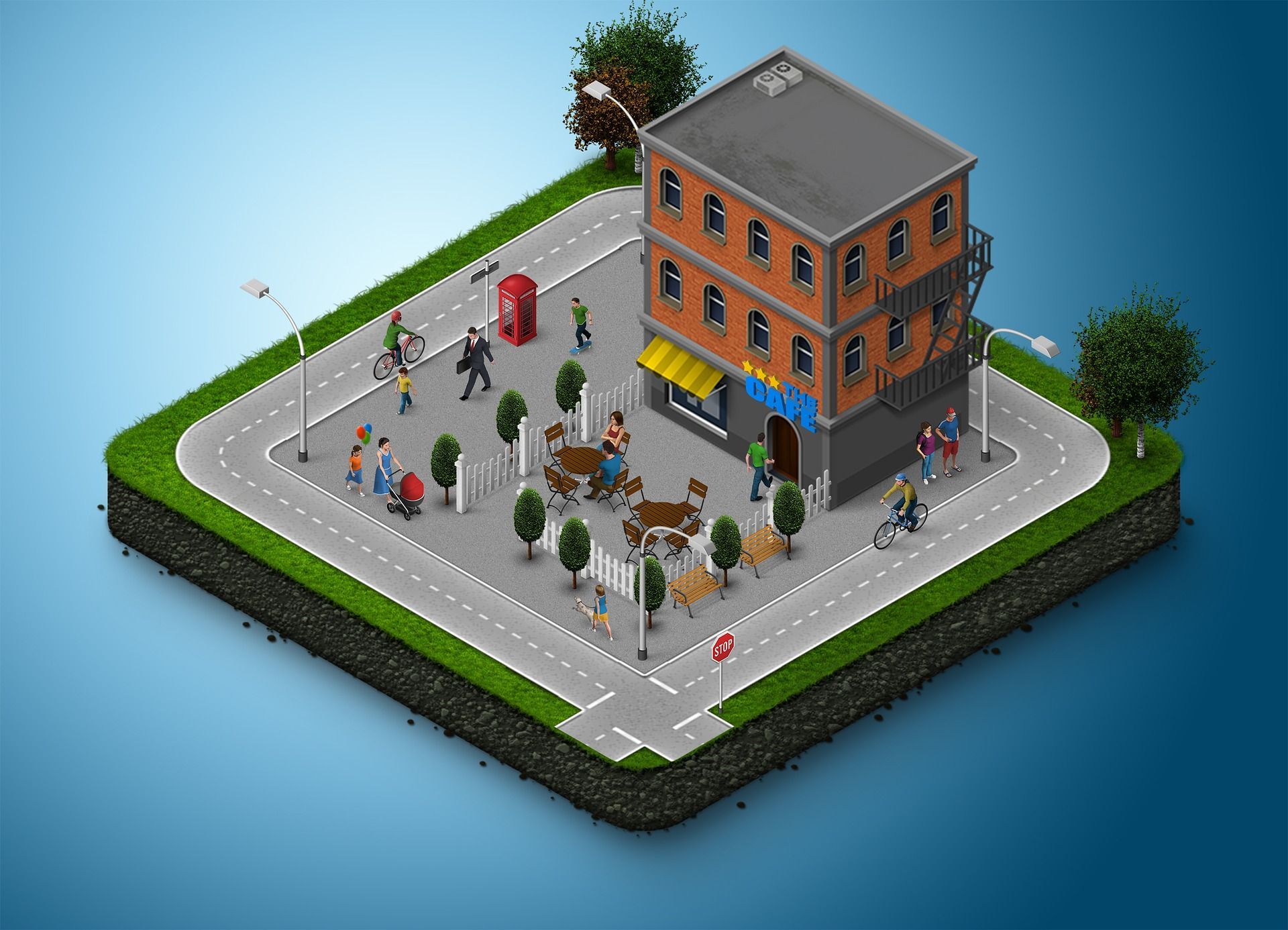 An isometric view of a city with a building and a telephone booth