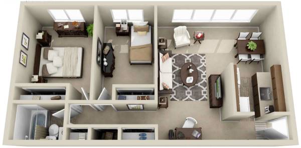 A 3d floor plan of a house with two bedrooms , a living room , and a dining room.
