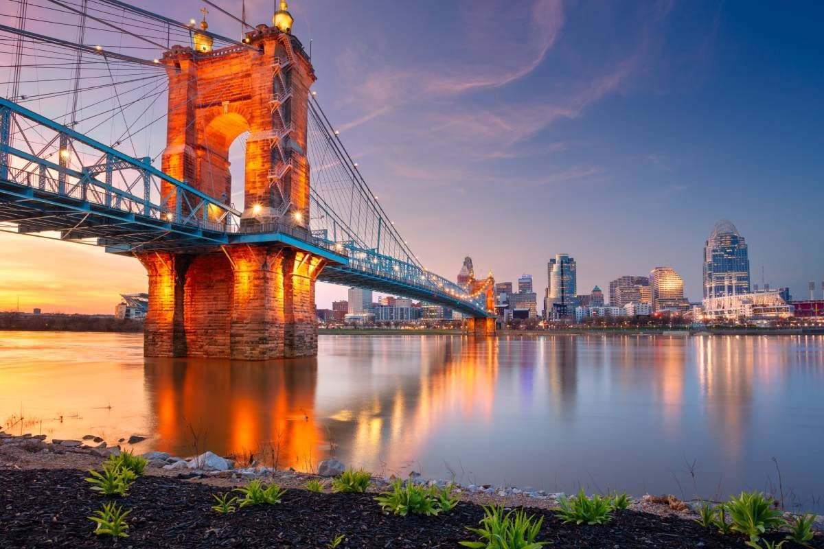 Cincinnati, Ohio, at sunset with a reflection of the city on the Ohio River