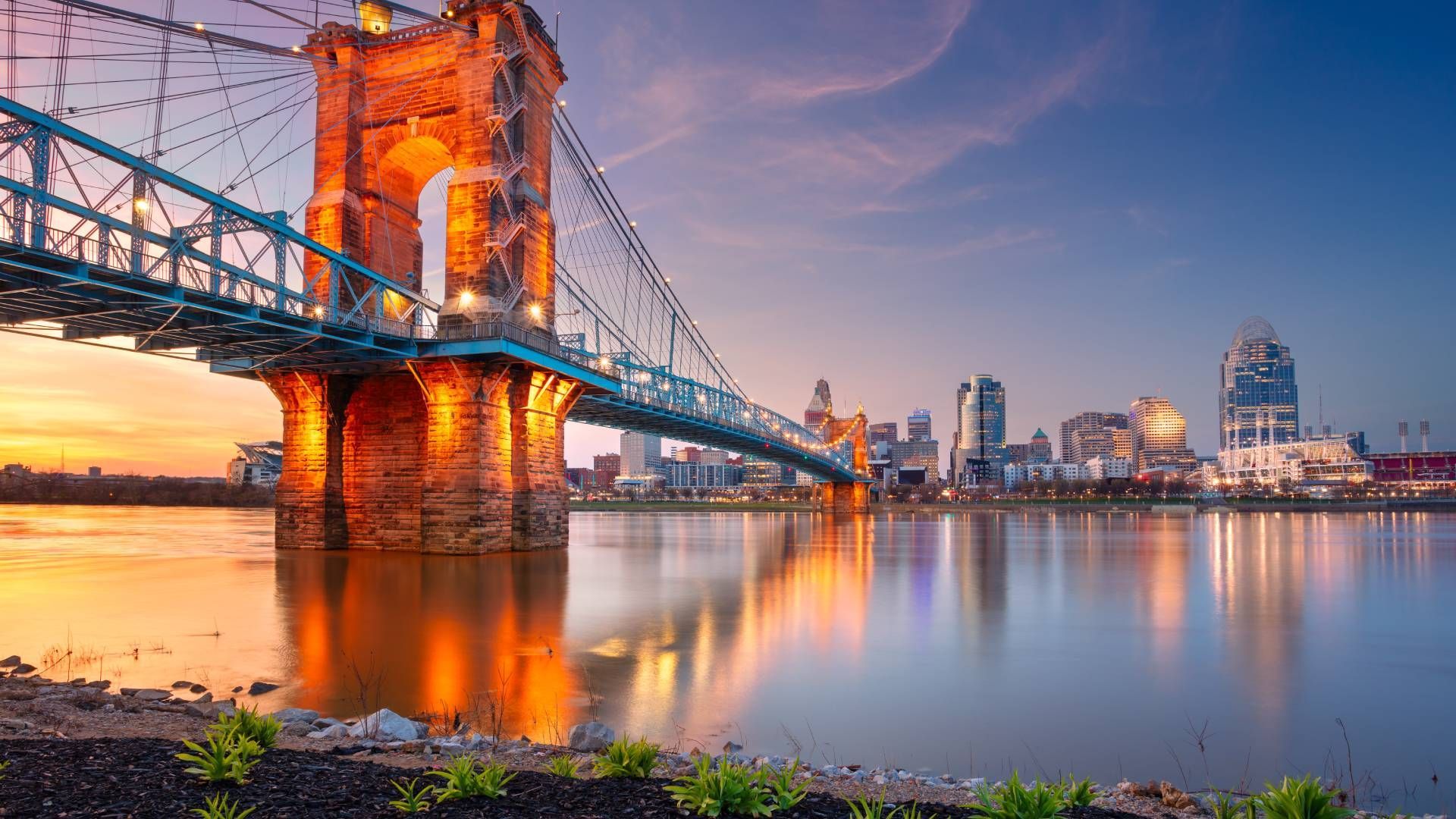 Cincinnati, Ohio, at sunset with a reflection of the city on the Ohio River 