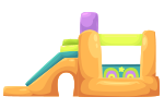 A cartoon illustration of a bouncy house with a slide.