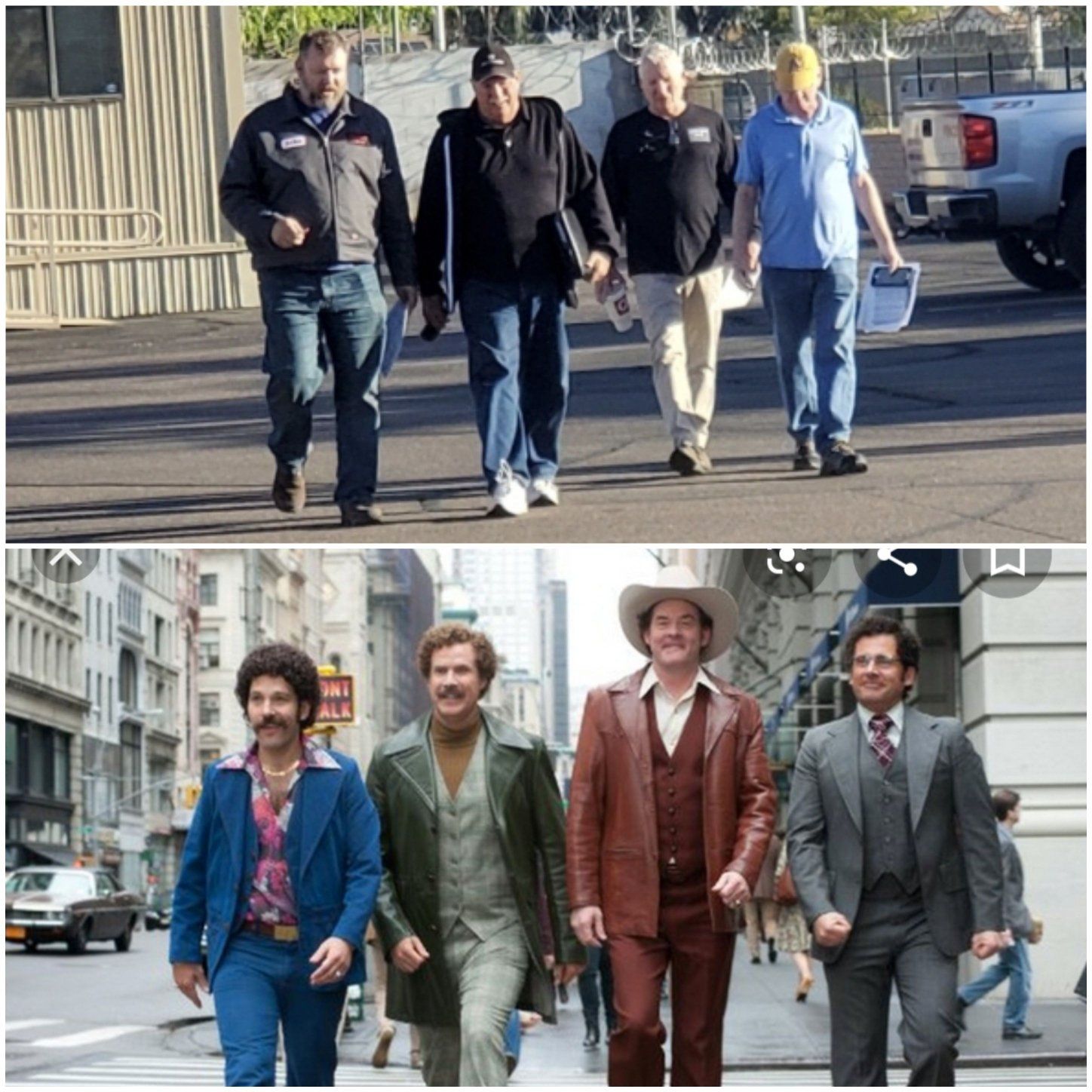 Two photos: Group of men walking; the top are in casual wear, the bottom dressed in retro outfits.