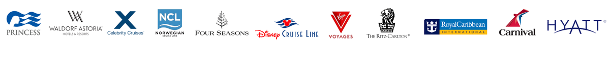 Supplier logos Virgin Voyages, Disney Cruise Line, Ritz Carlton, Hilton, Hyatt, Four Seasons, Princess, Celebrity, and more