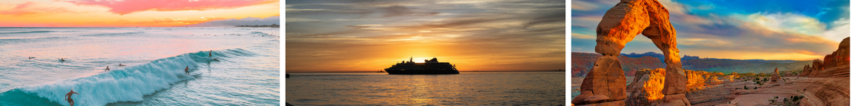 Surfing in Hawaii at sunset, a cruise ship with a sunset in the background, National Park at sunset