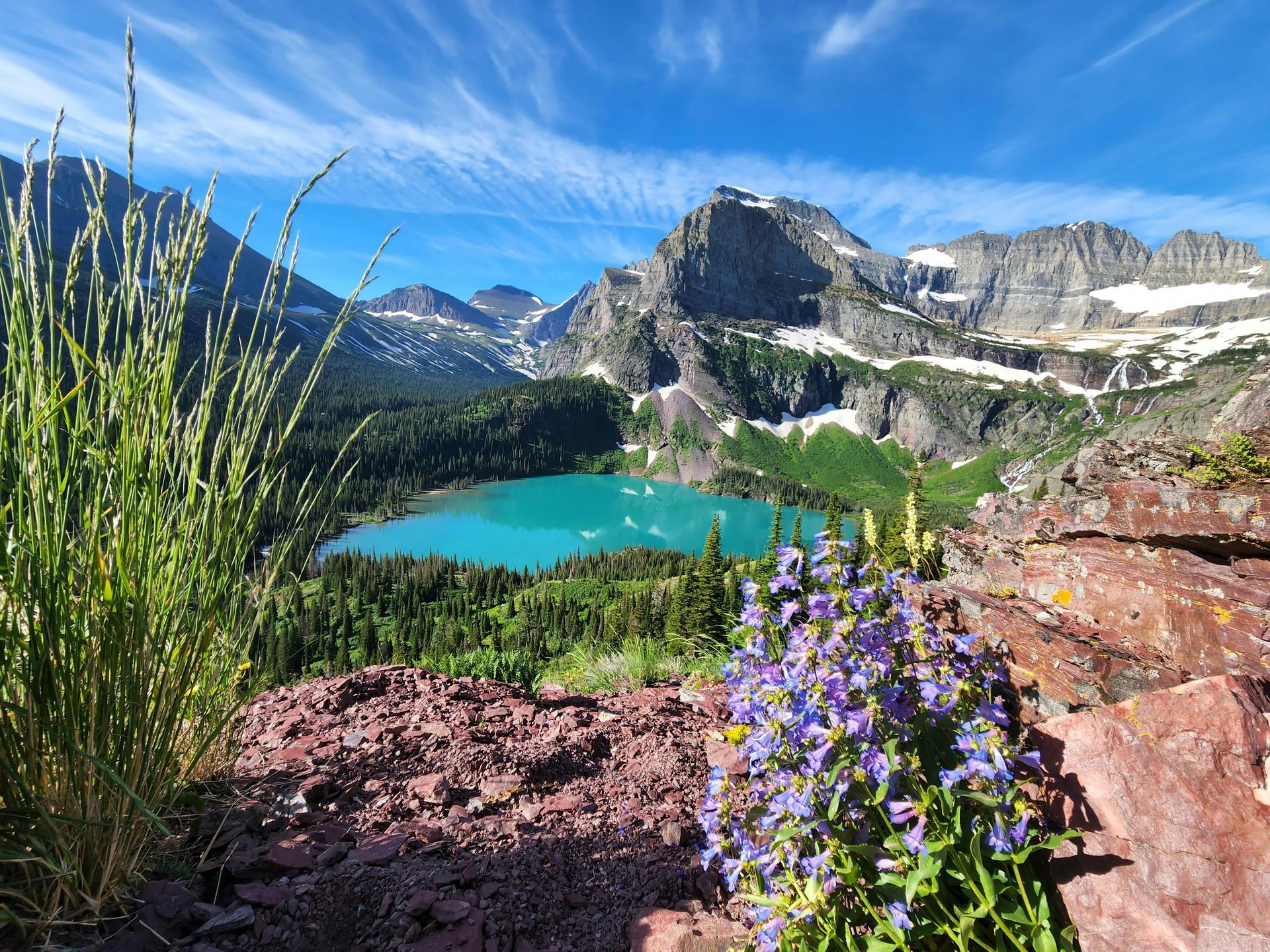 National park scenic image of a lake surrounded by mountains with wildflowers