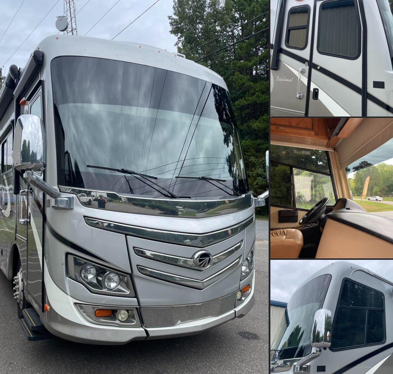 A composite image showing the exterior and interior of a silver motorhome parked outdoors.