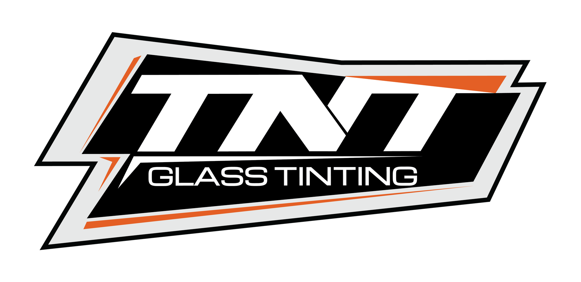 Logo for TNT Glass Tinting, featuring the white text "TNT" above "GLASS TINTING" on a black, orange, and grey background.