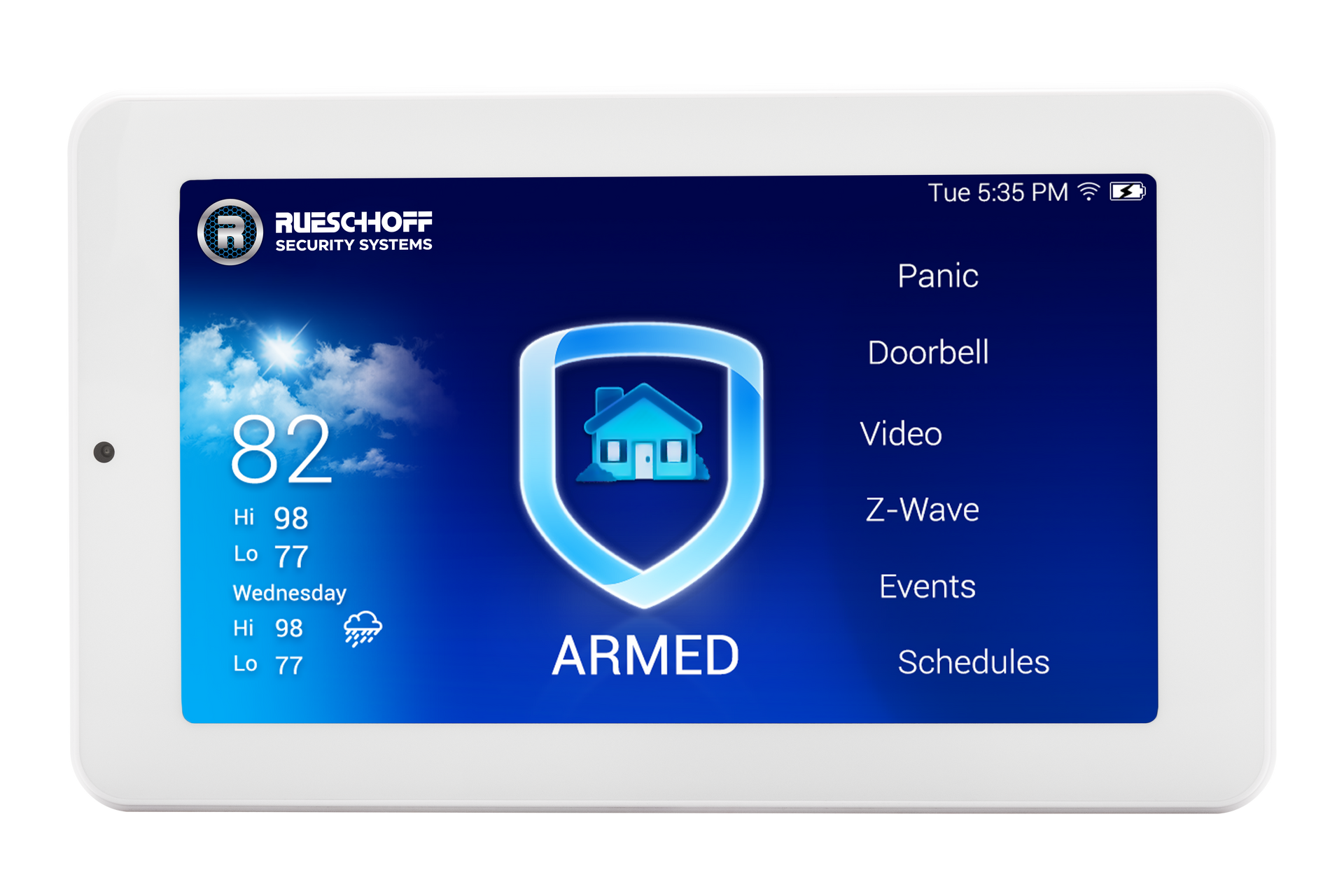 a white security system tablet with a blue screen and a house on it .