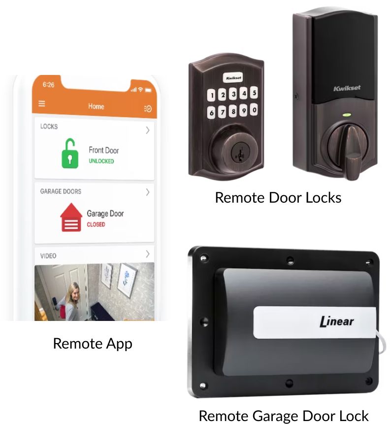 Pictures of remote door and garage door locks. These can be installed in your home.