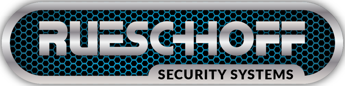 Rueschhoff Home Security logo. It looks metalic with a blue mesh background.