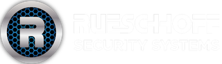 a logo for rueschhoff security with a blue circle and a white background .