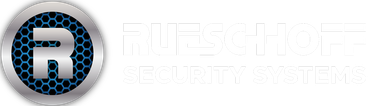 a logo for rueschhoff security with a blue circle and a white background .