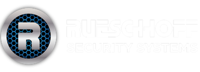 a logo for rueschhoff security with a blue circle and a white background .