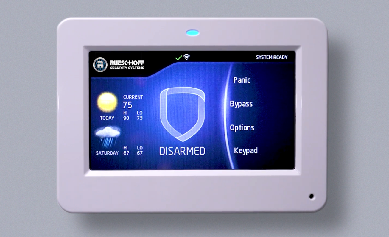 Rueschhoff's Graphic Touchscreen remote control tablet that enables you to control all of your home's security systems.