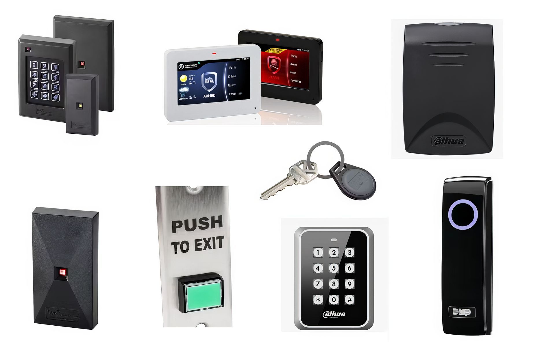 RDIF reader image. Pictures of keypad entries, touchscreen remote control, and card readers.