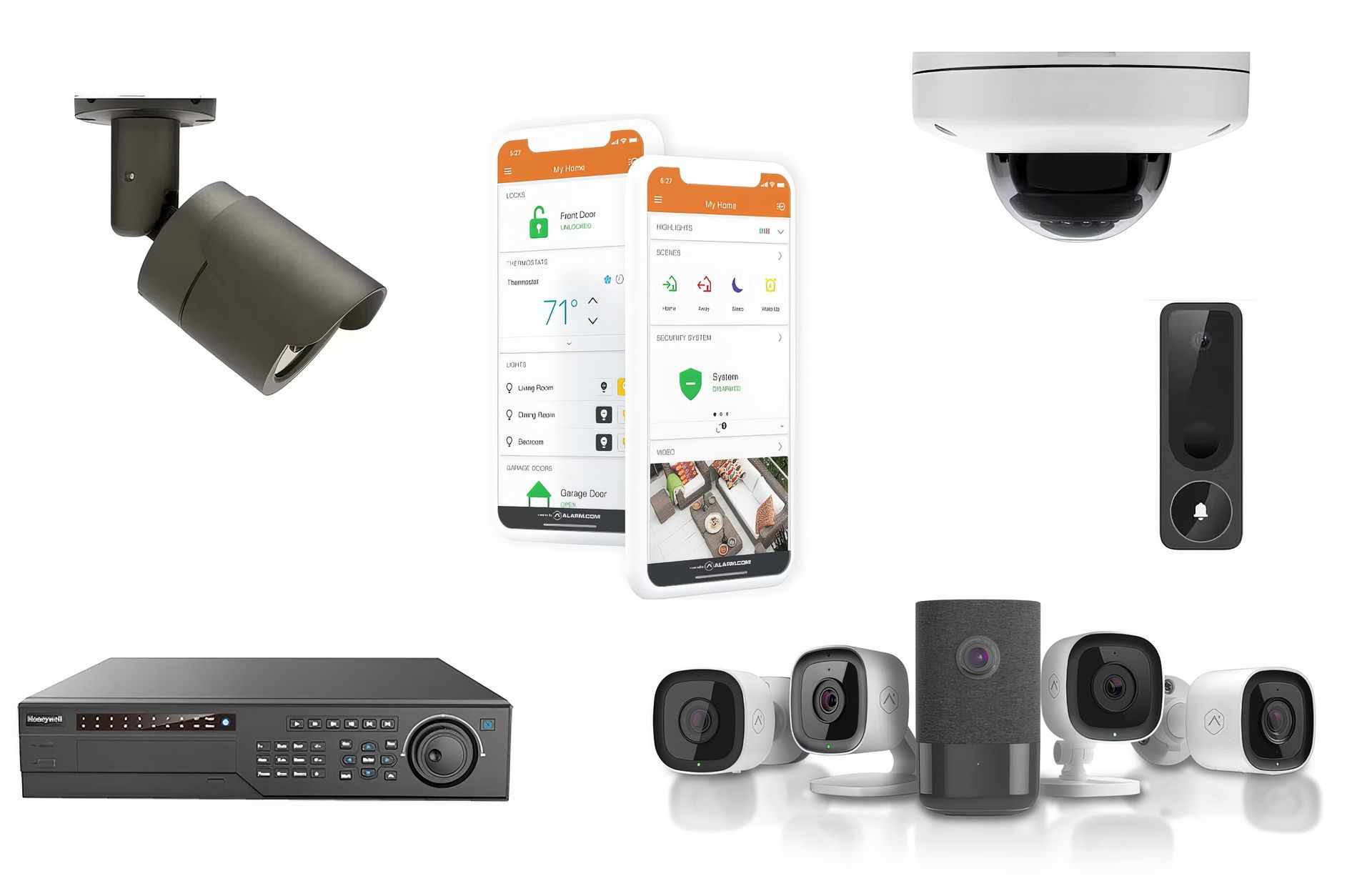 Ceiling security camera, doorbell security camera, phone app, camera video recorder, and a group of other secutiry cameras