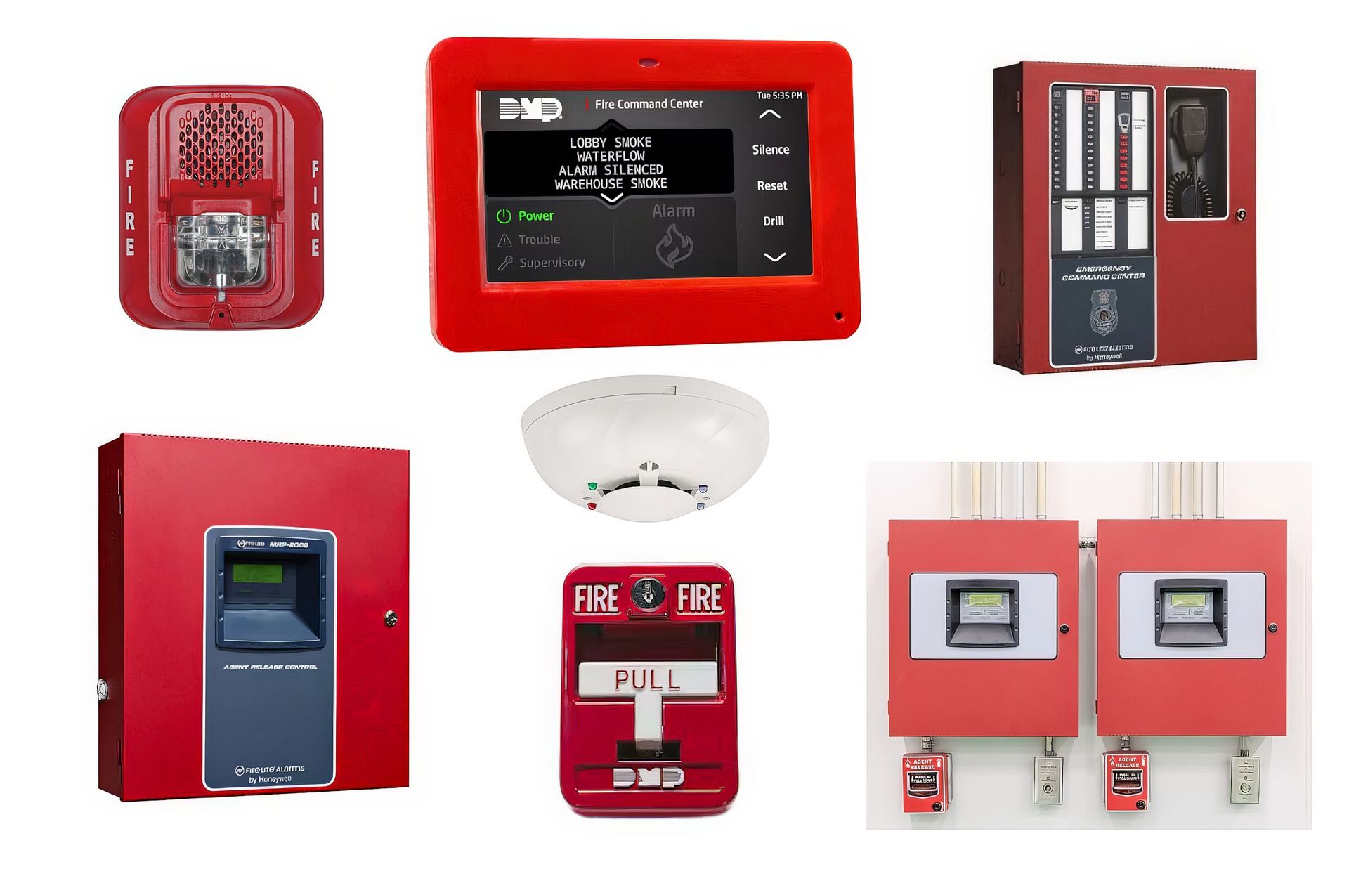 Fire alarm, pull station, touchscreen access control, fire alarm panels, and smoke and gas sensors.