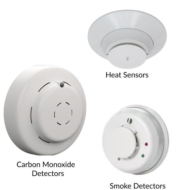 picture of carbon monoxide alarm, smoke detector, and heat sensor