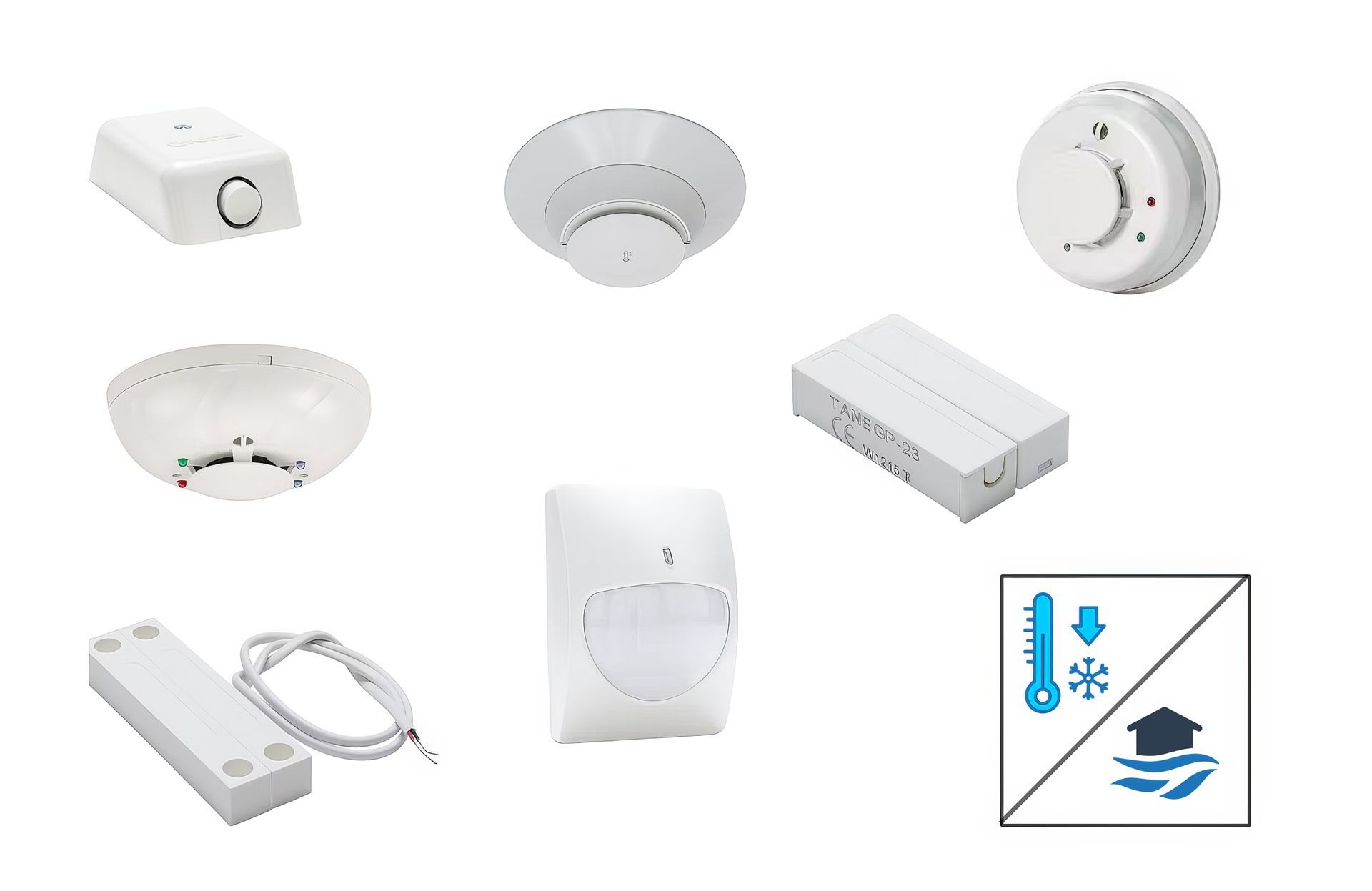 Door and window sensors, carbon monoxide sensors, motion sensors, heat sensors, smoke detectors.