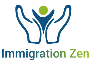 Logo for "Immigration Zen" with stylized hands cradling a person, green and blue.