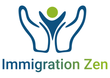 Logo for "Immigration Zen" with stylized hands cradling a person, green and blue.