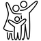 Disegno a linee nere di una famiglia di tre persone: genitore/i con le braccia alzate, bambino con le braccia alzate.
