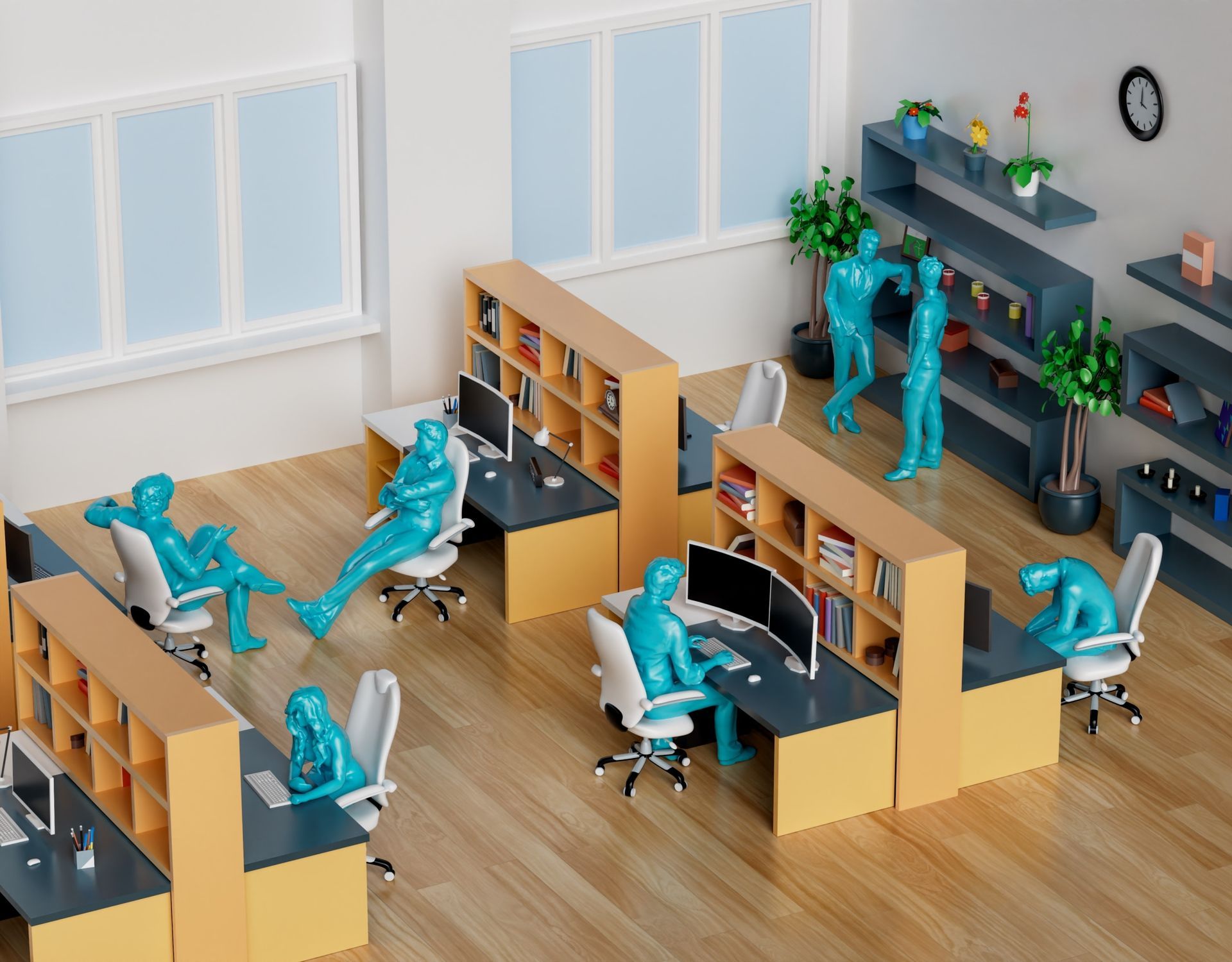 Model of an office with miniature workers at desks and talking