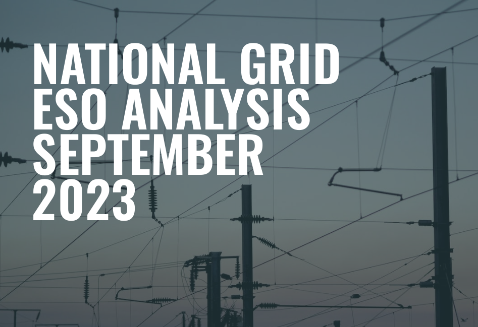 Dark image of power lines with white text: National Grid ESO Analysis September 2023