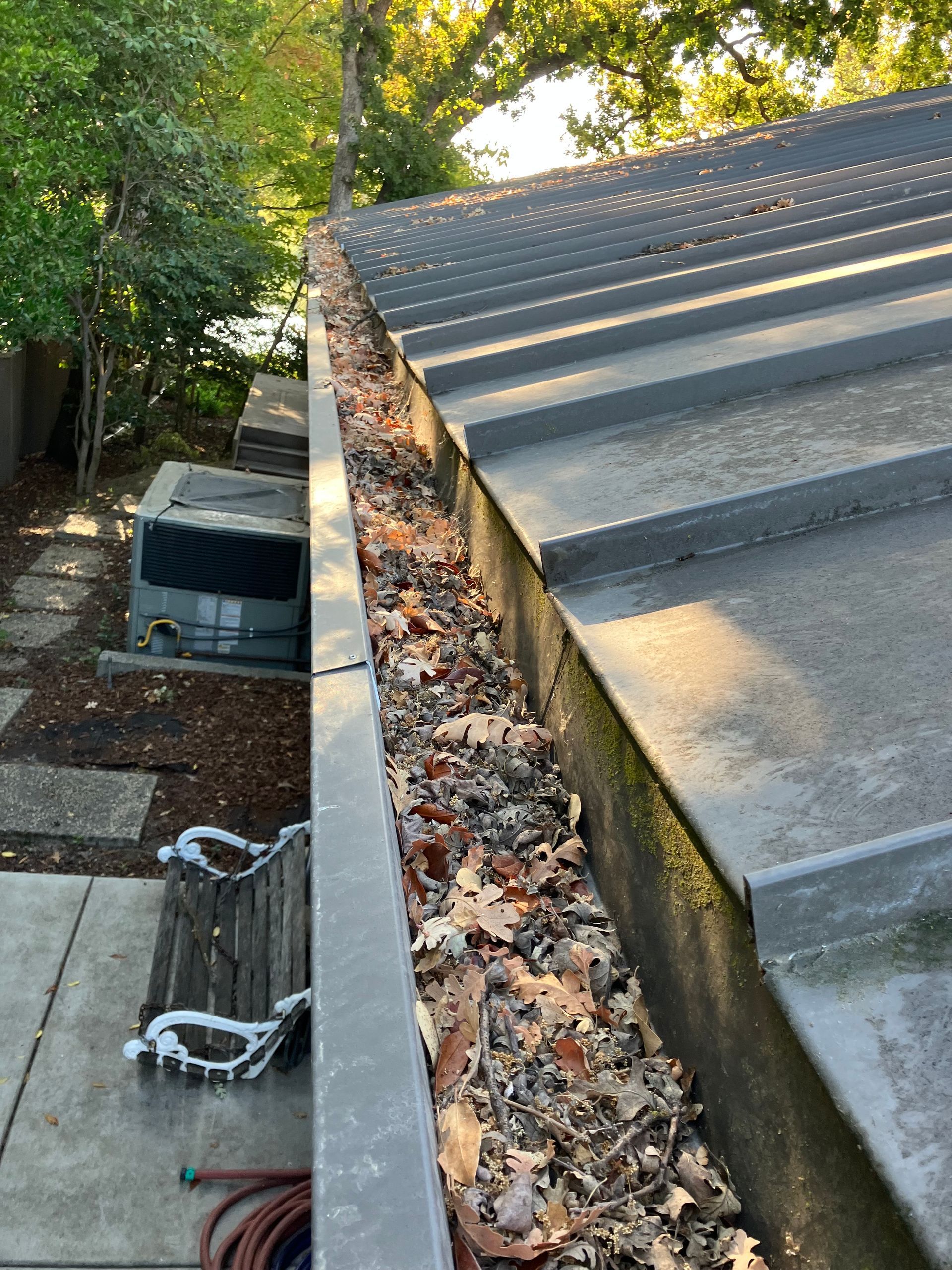 Gutter filled with brown leaves on a metal roof.