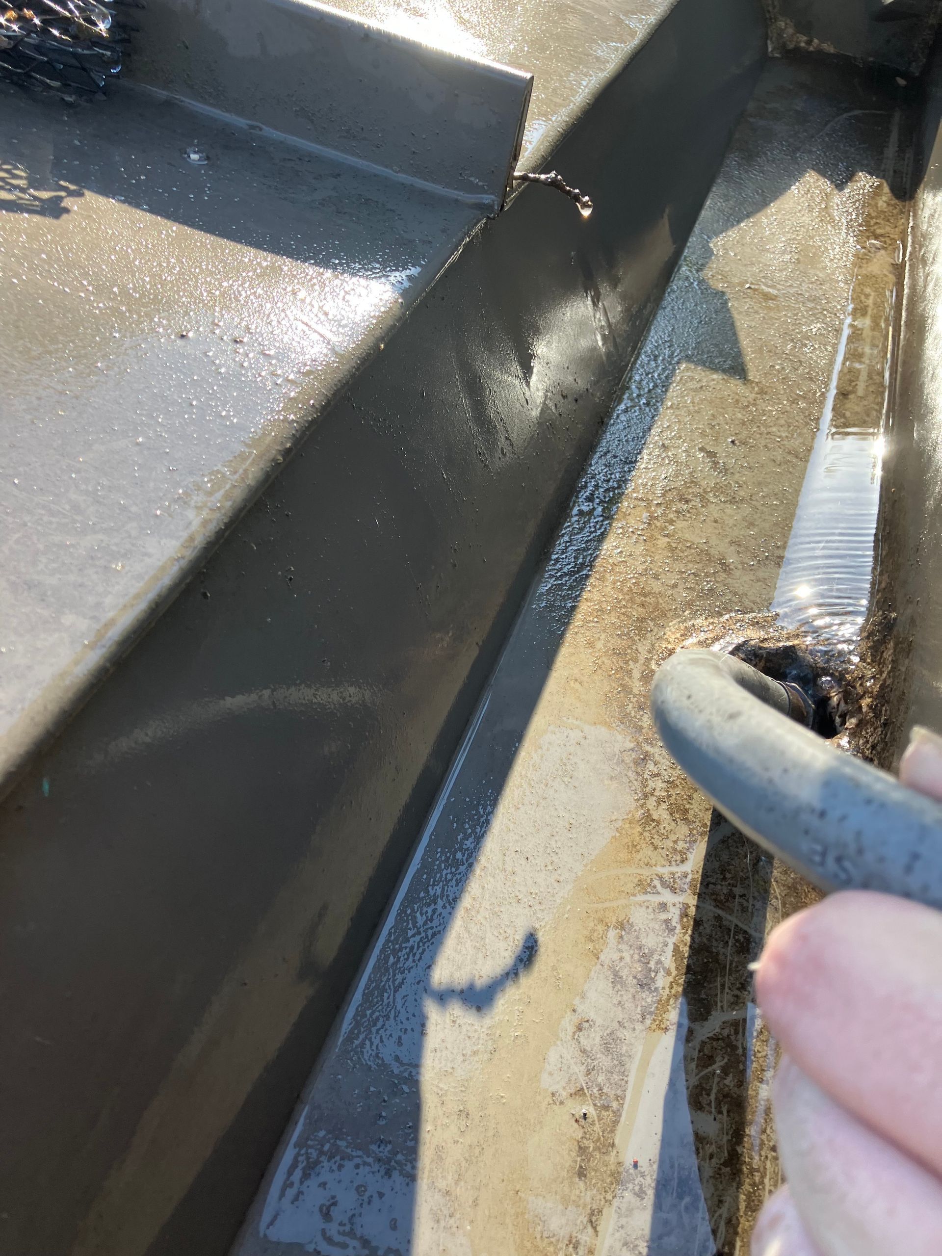 Close-up of a dark gutter with debris and water. A hand holds a gray tube.