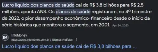 Uma manchete da InfoMoney sobre o lucro líquido dos planos de saúde