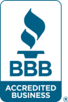Un logotipo empresarial acreditado por BBB en azul y blanco con una antorcha.