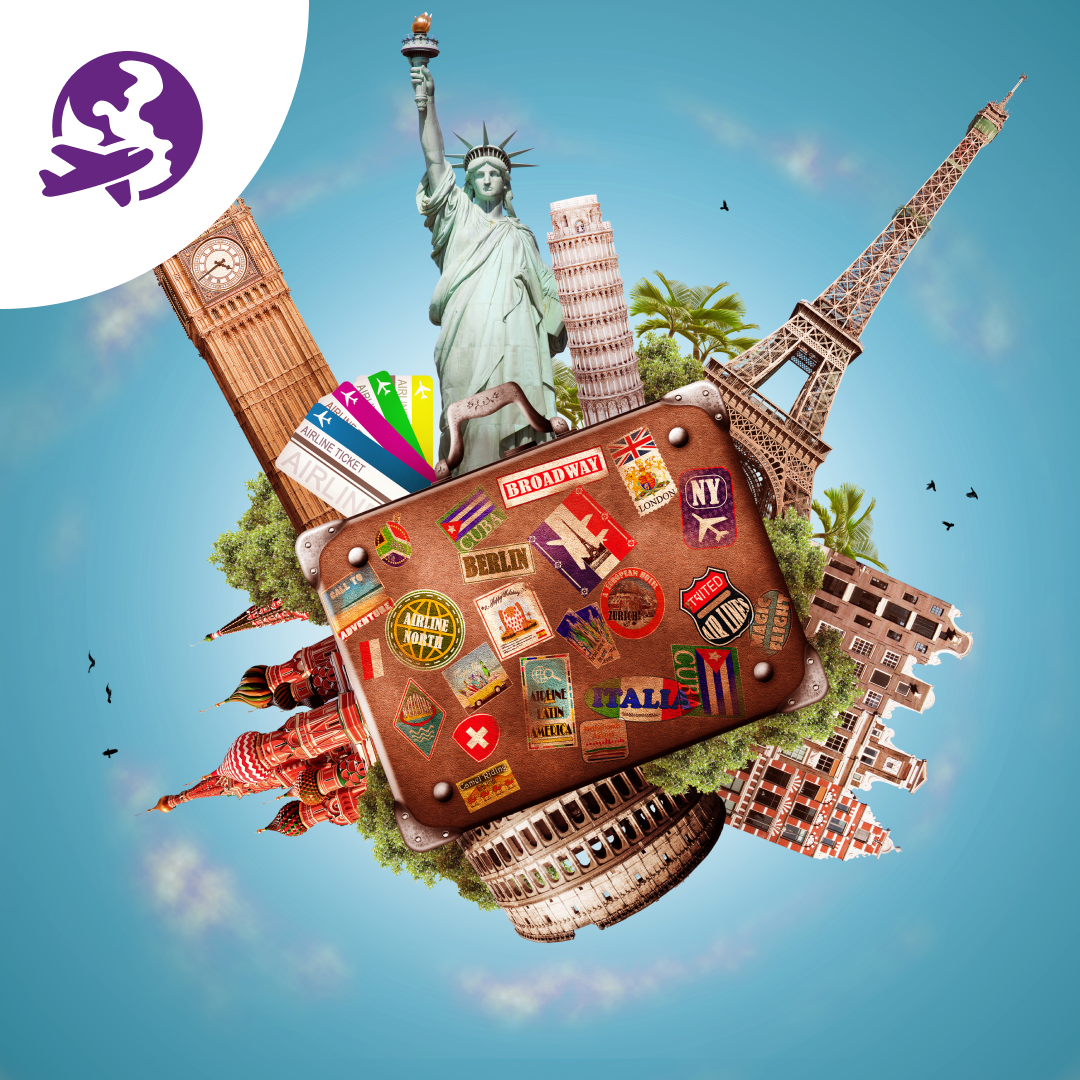 Una maleta con una estatua de la libertad encima.